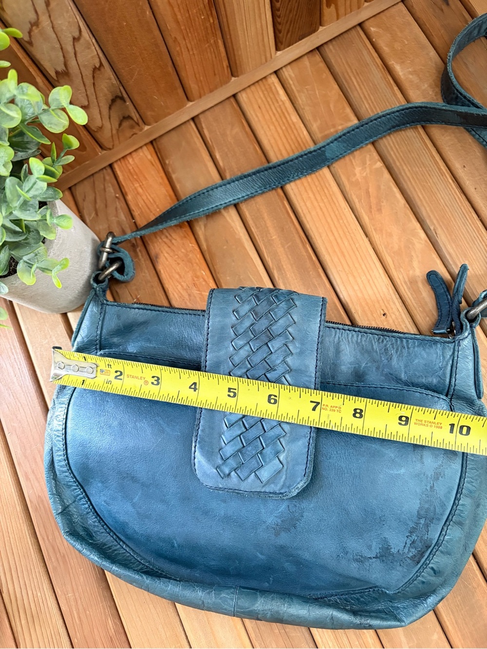 Italian Top Grain Leather Crossbody Bag Blue Woven Flap Boho Vintage Inspired - Picture 11 of 11